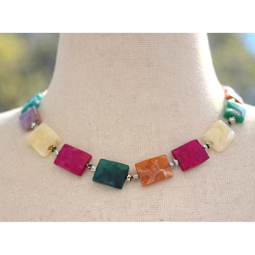 Y2K 18" Red Green White Chunky Multi-Gemstone Bohemian Chic Artisan Necklace